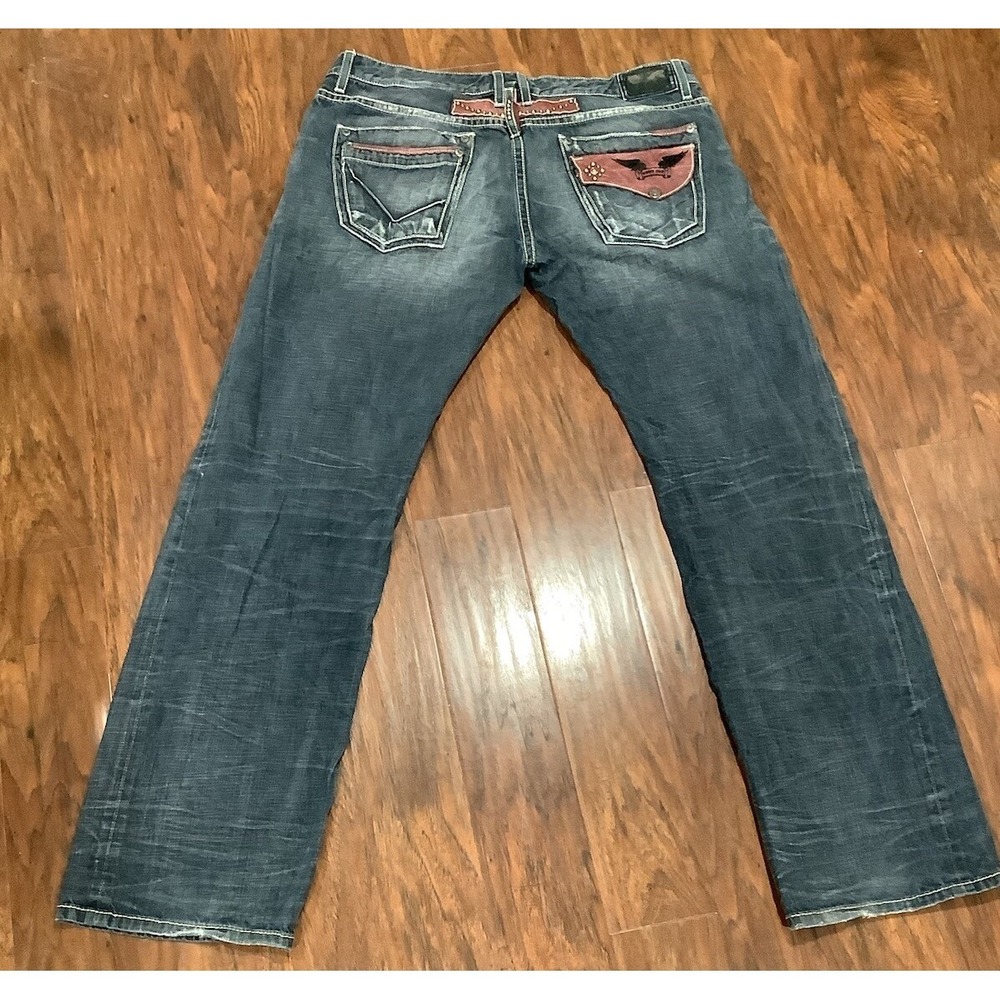Men's Robin's Jeans with Tobacco Leather & Stud Detail, Blue, Size 42